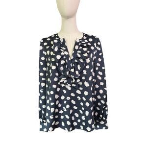 J.Crew Ruffle Front Navy White Long Sleeve Blouse Women's Medium NWT